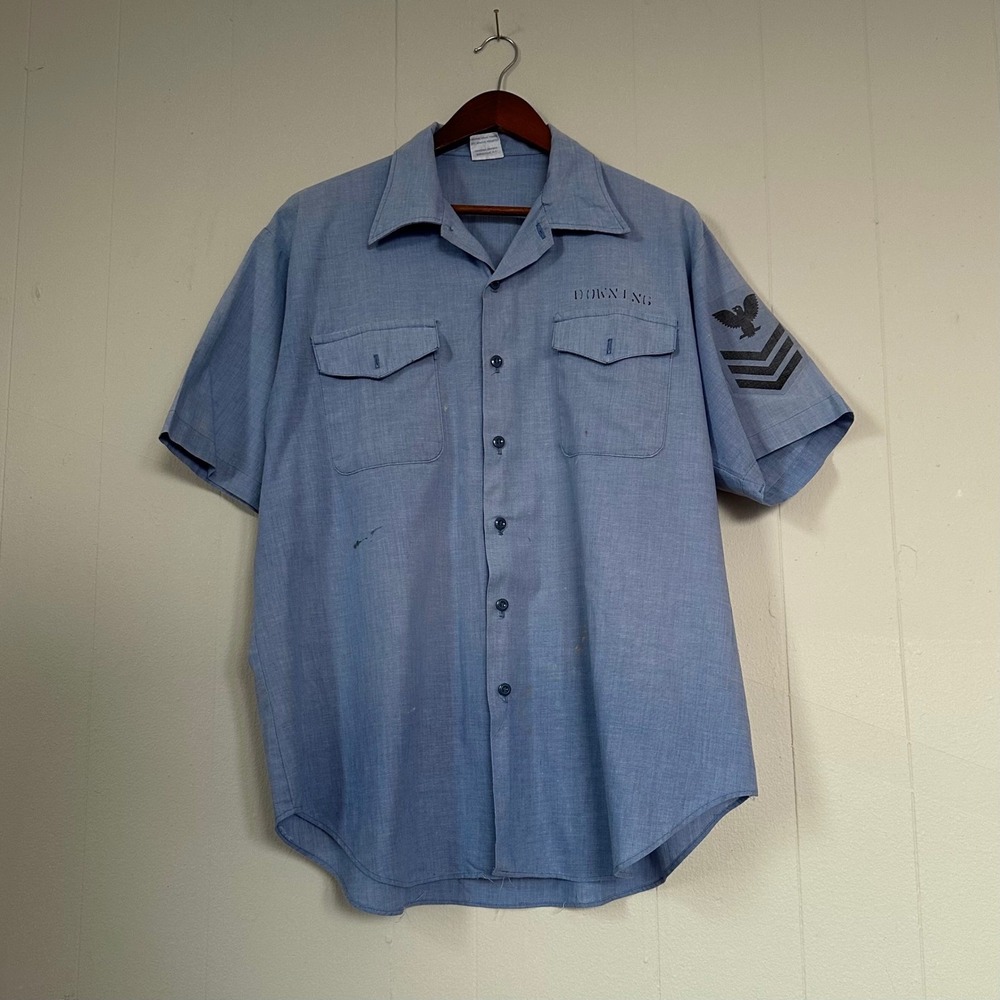 Vintage 70s Seafarer US Navy Utility Shirt Size XL Blue Short Sleeve Workwear